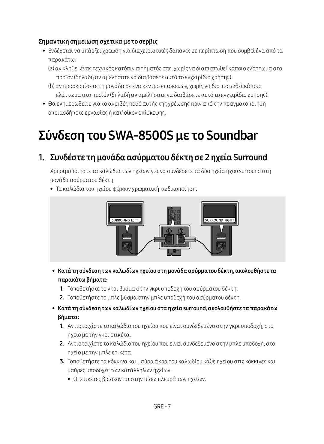 Samsung SWA-8500S/EN manual Σύνδεση του SWA-8500S με το Soundbar, Συνδέστε τη μονάδα ασύρματου δέκτη σε 2 ηχεία Surround 