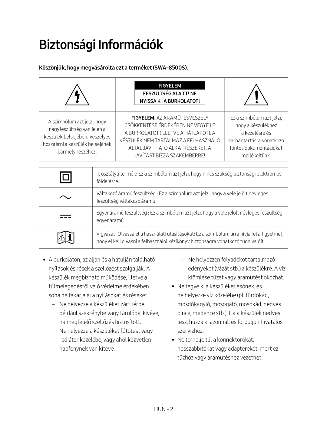 Samsung SWA-8500S/EN manual Biztonsági Információk, Köszönjük, hogy megvásárolta ezt a terméket SWA-8500S, Figyelem 