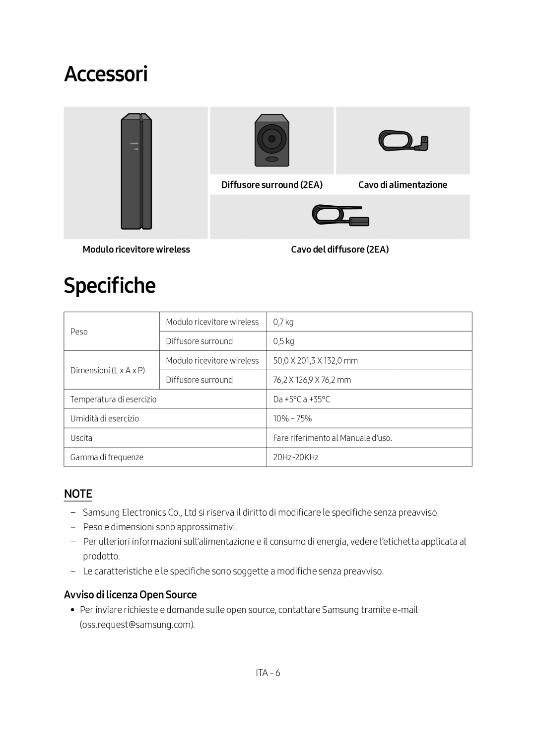 Samsung SWA-8500S/EN manual Accessori, Specifiche, Avviso di licenza Open Source 