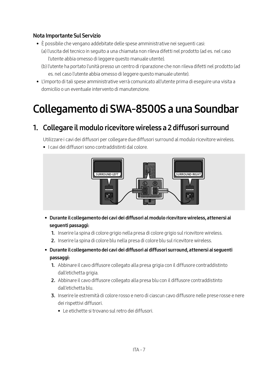 Samsung SWA-8500S/EN manual Collegamento di SWA-8500S a una Soundbar, Nota Importante Sul Servizio 