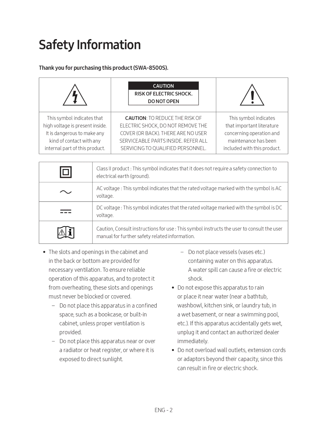 Samsung SWA-8500S/EN manual Safety Information, Thank you for purchasing this product SWA-8500S 