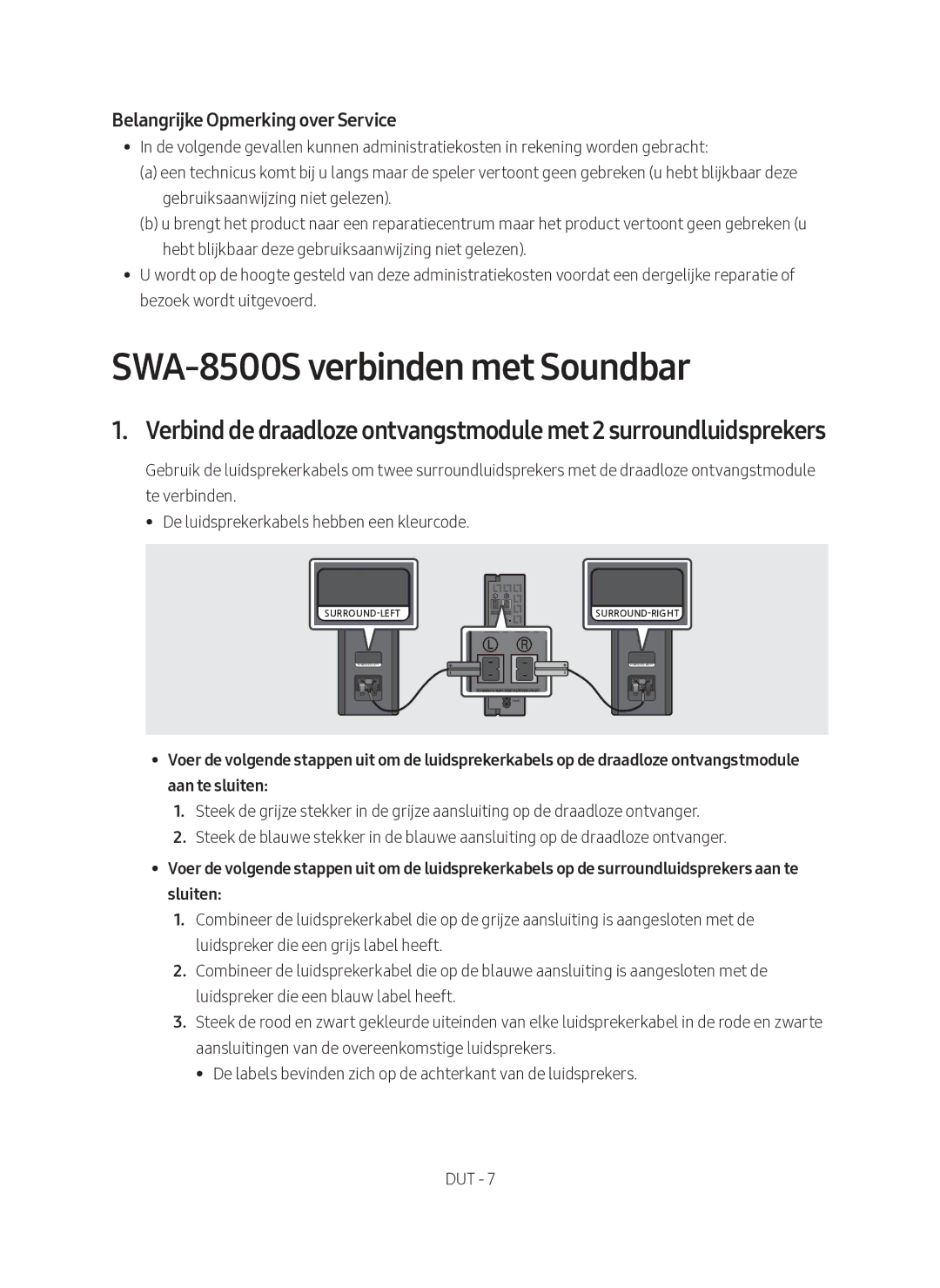 Samsung SWA-8500S/EN manual SWA-8500S verbinden met Soundbar, Belangrijke Opmerking over Service 