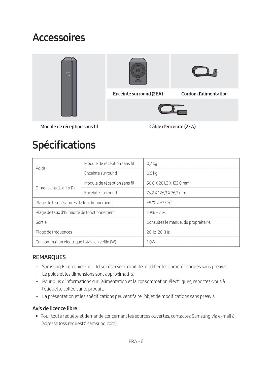 Samsung SWA-8500S/EN manual Spécifications, Avis de licence libre, Module de réception sans fil, Enceinte surround 2EA 