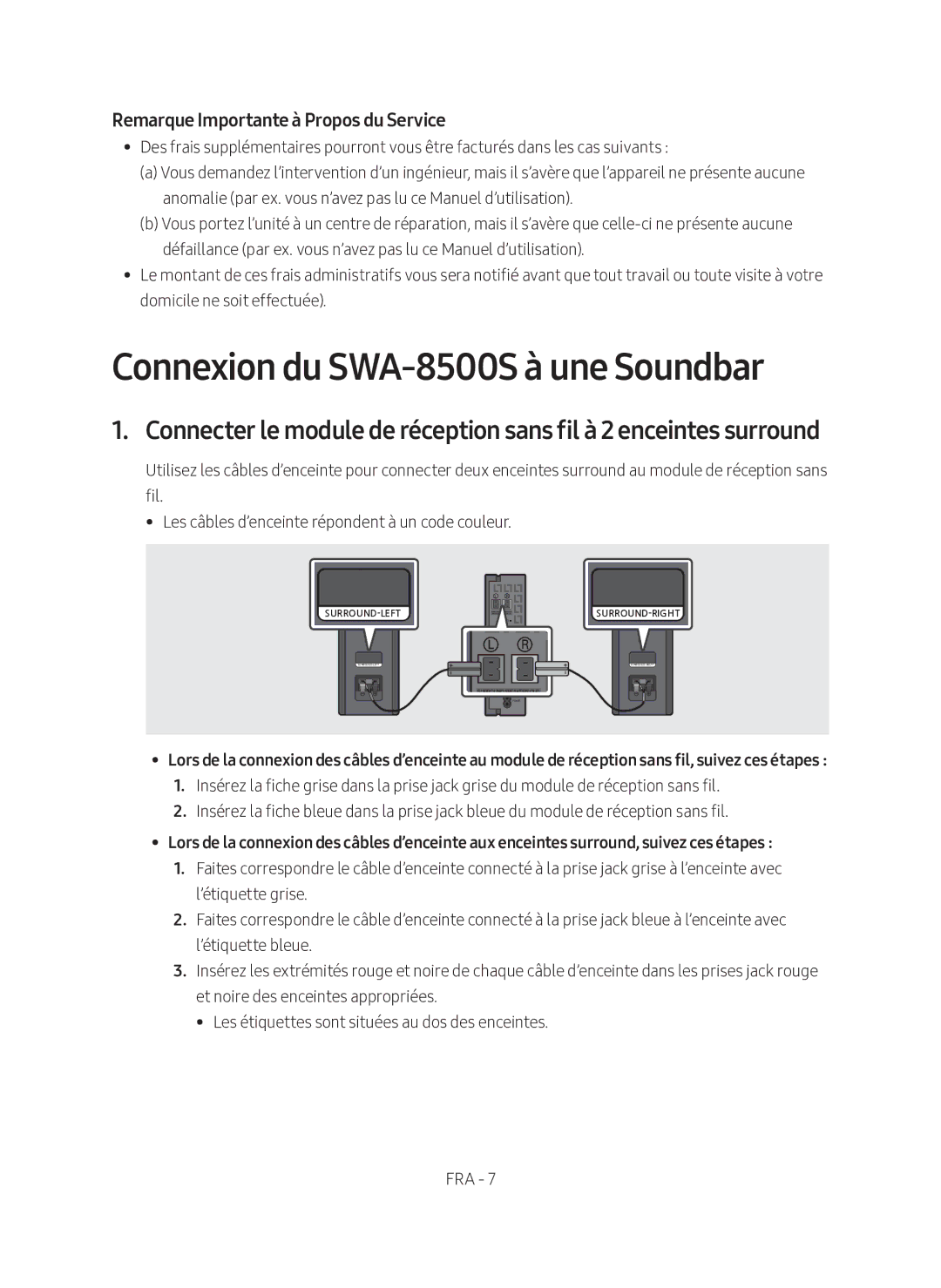 Samsung SWA-8500S/EN manual Connexion du SWA-8500S à une Soundbar, Remarque Importante à Propos du Service 