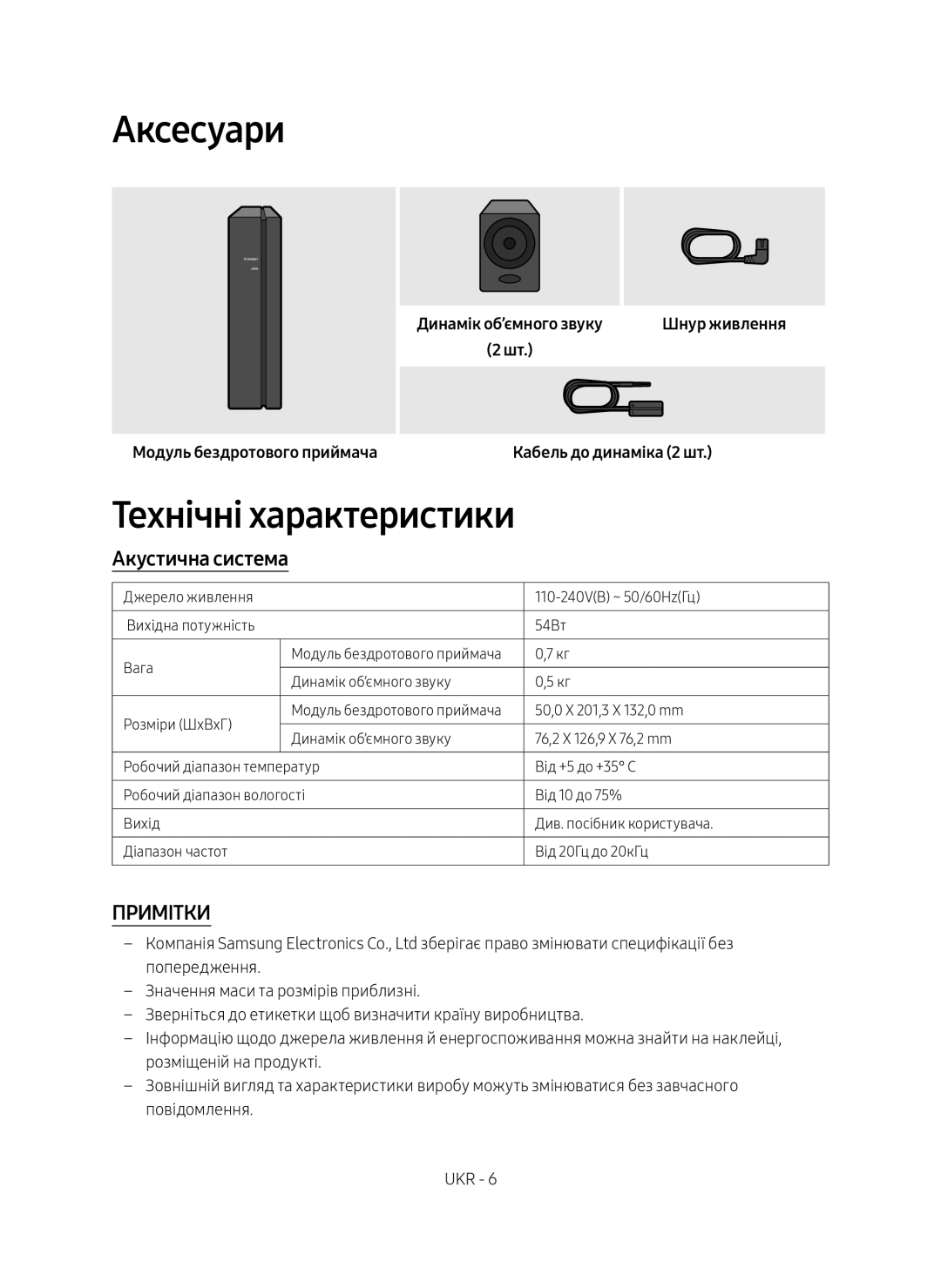 Samsung SWA-8500S/RU manual Аксесуари, Технічні характеристики 