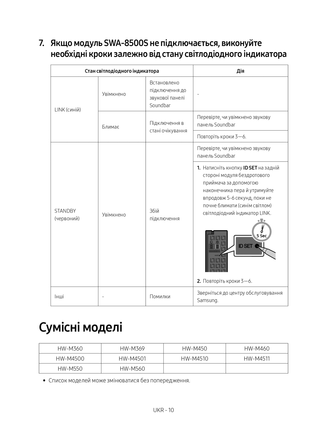 Samsung SWA-8500S/RU manual Сумісні моделі, Якщо модуль SWA-8500S не підключається, виконуйте 