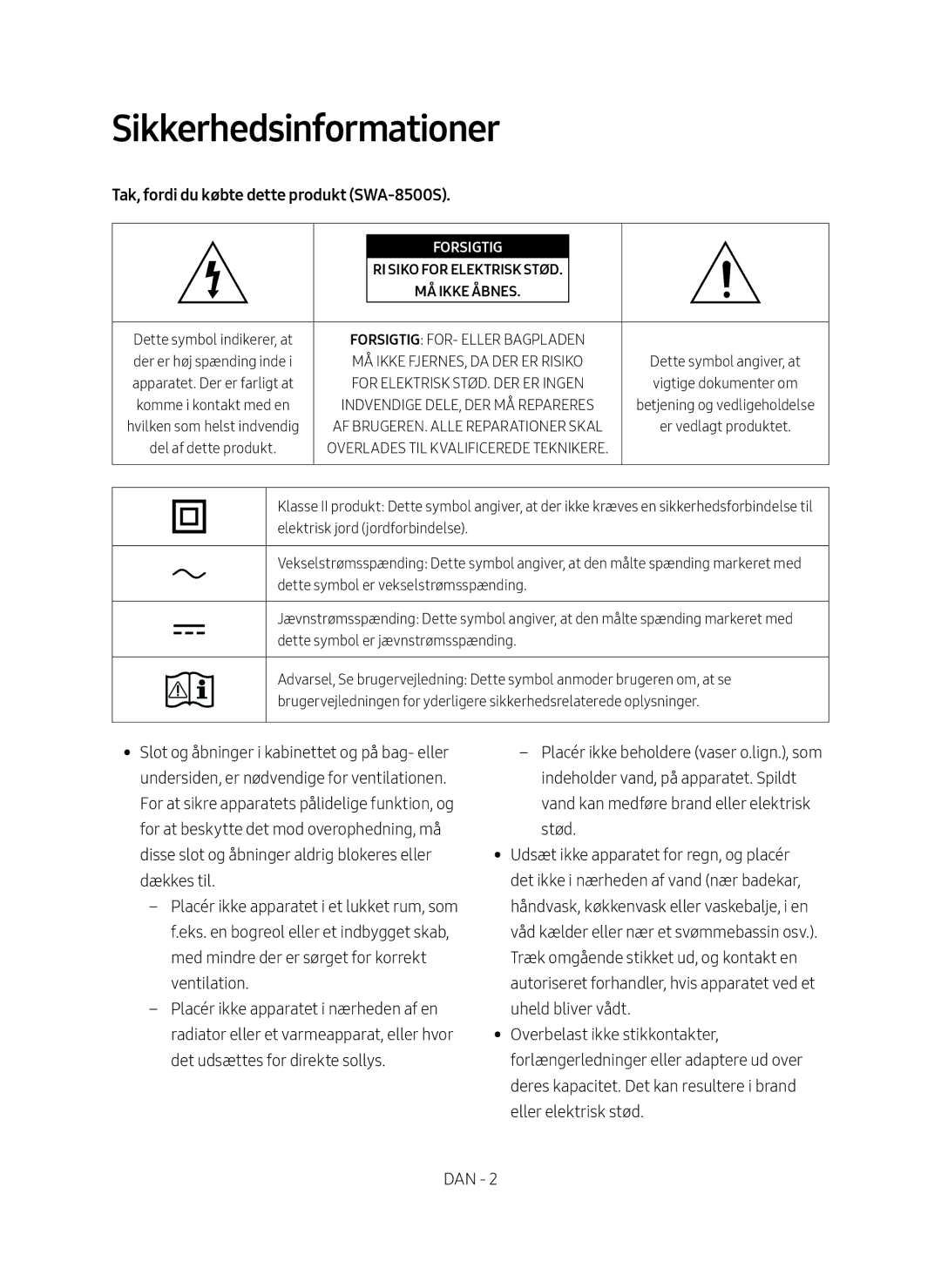 Samsung SWA-8500S/XE manual Sikkerhedsinformationer, Tak, fordi du købte dette produkt SWA-8500S 