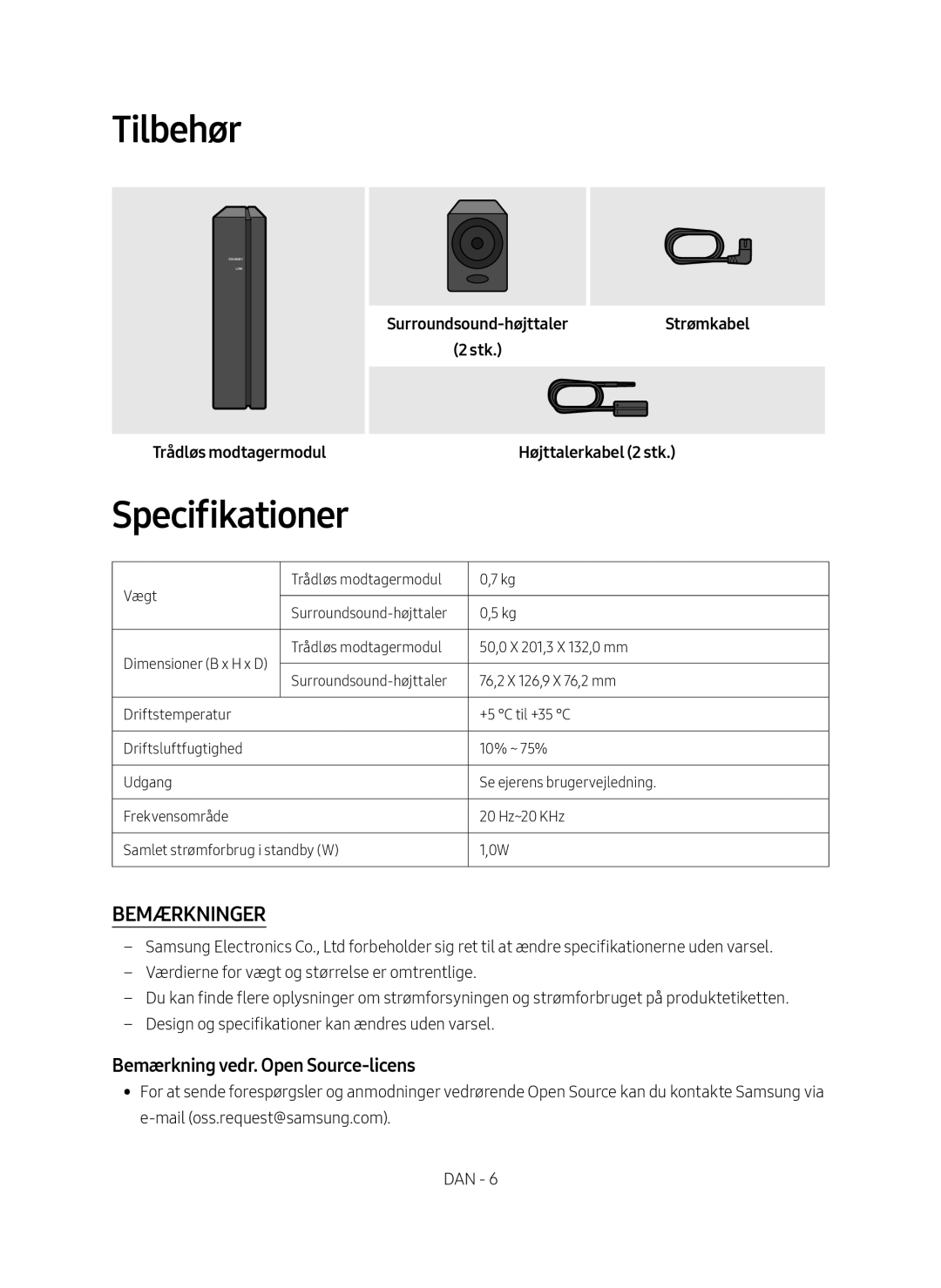 Samsung SWA-8500S/XE manual Tilbehør, Specifikationer, Bemærkning vedr. Open Source-licens, Trådløs modtagermodul 