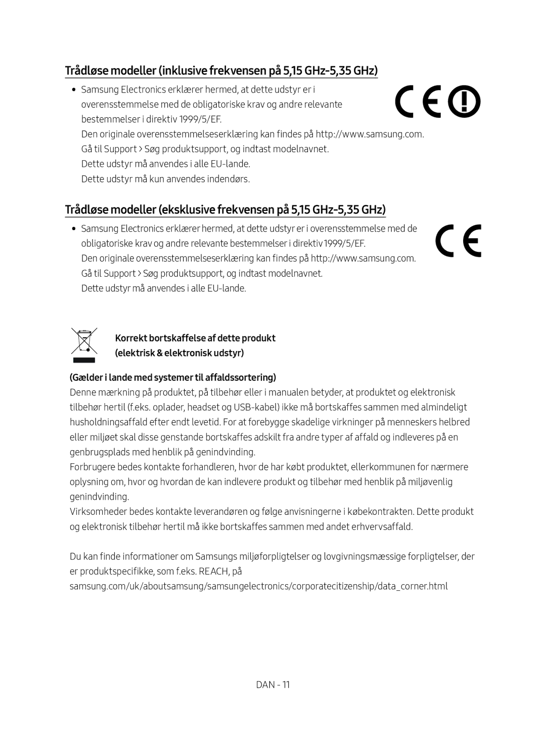 Samsung SWA-8500S/XE manual Trådløse modeller inklusive frekvensen på 5,15 GHz-5,35 GHz 