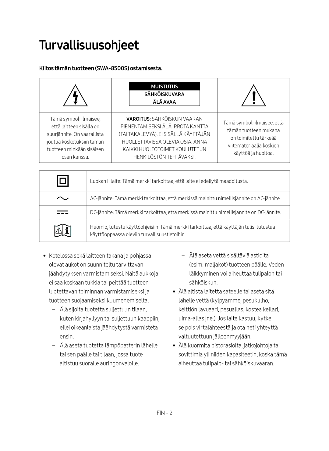 Samsung SWA-8500S/XE manual Turvallisuusohjeet, Kiitos tämän tuotteen SWA-8500S ostamisesta 