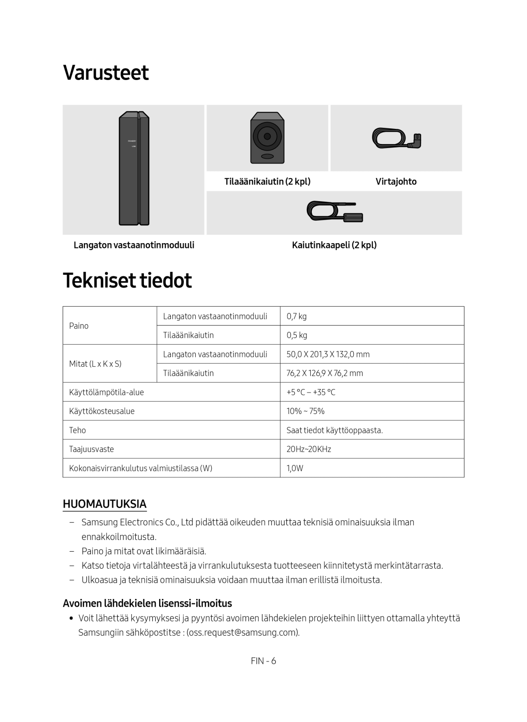 Samsung SWA-8500S/XE manual Varusteet, Tekniset tiedot, Avoimen lähdekielen lisenssi-ilmoitus 