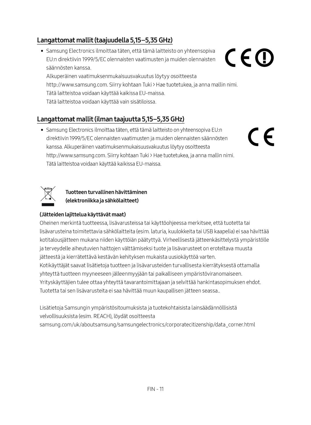 Samsung SWA-8500S/XE manual Langattomat mallit taajuudella 5,15-5,35 GHz, Jätteiden lajittelua käyttävät maat 