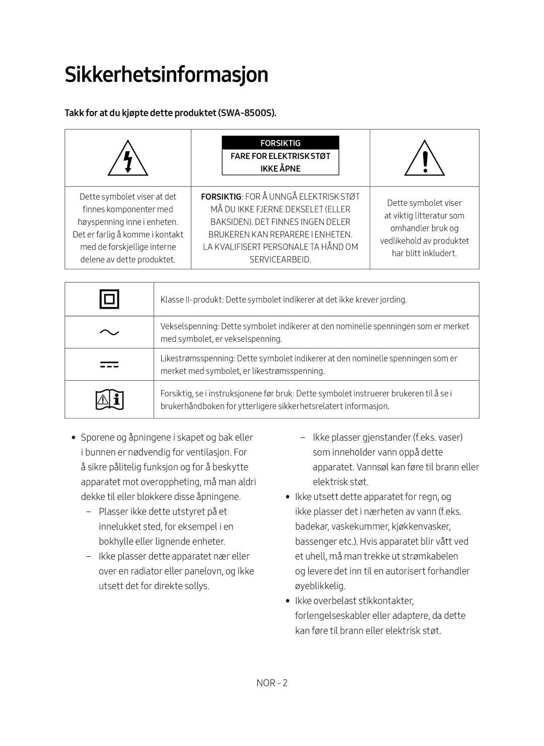 Samsung SWA-8500S/XE manual Sikkerhetsinformasjon, Takk for at du kjøpte dette produktet SWA-8500S 