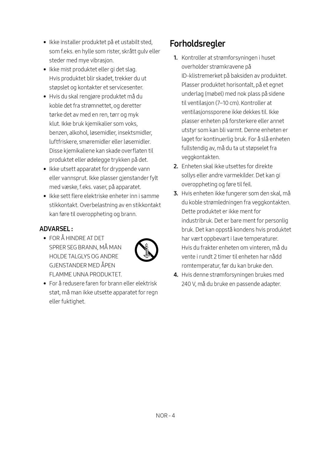 Samsung SWA-8500S/XE manual Forholdsregler 