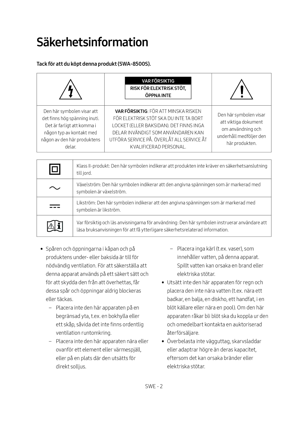 Samsung SWA-8500S/XE manual Säkerhetsinformation, Tack för att du köpt denna produkt SWA-8500S 