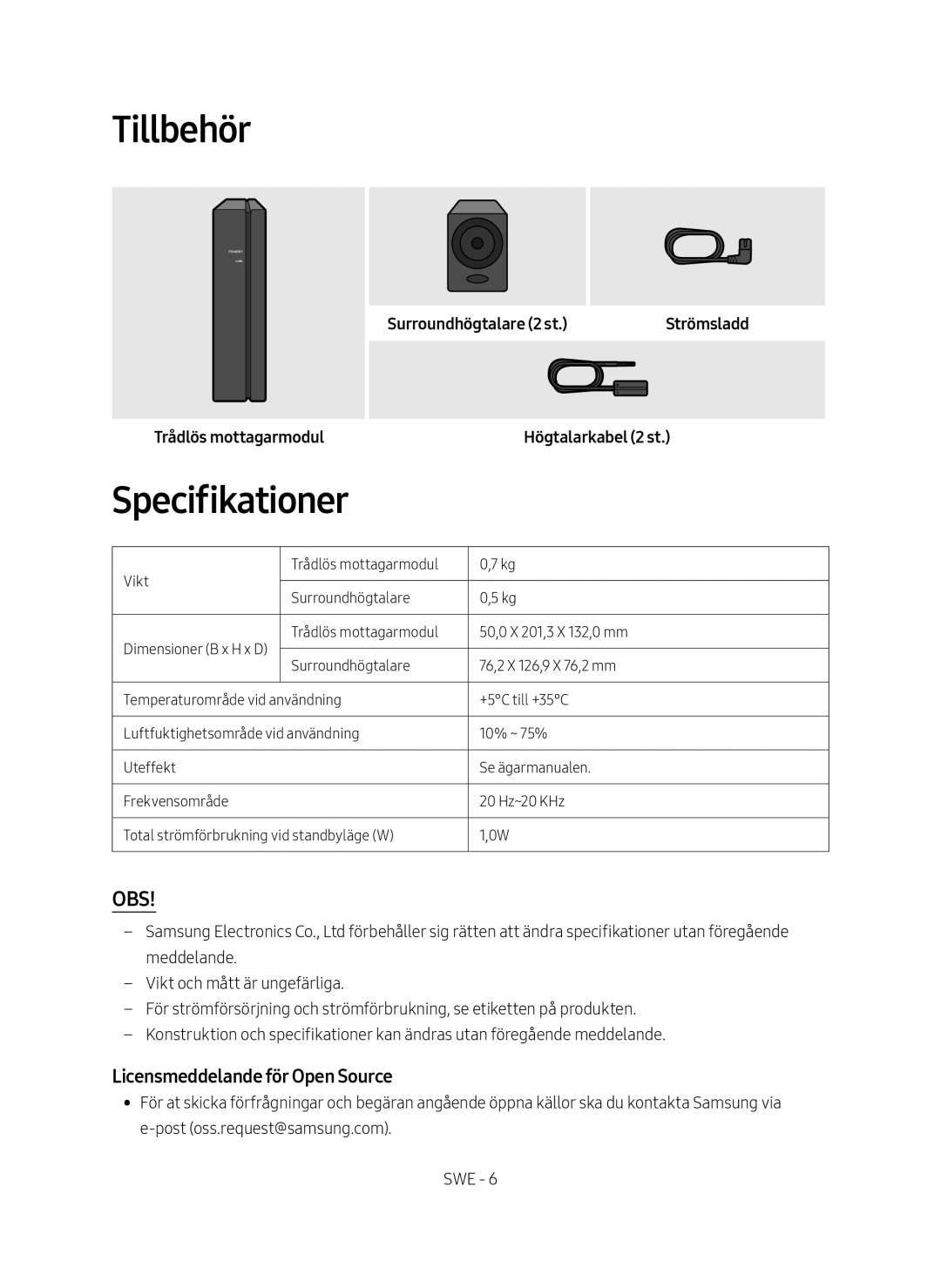 Samsung SWA-8500S/XE manual Tillbehör, Licensmeddelande för Open Source, Trådlös mottagarmodul, Surroundhögtalare 2 st 