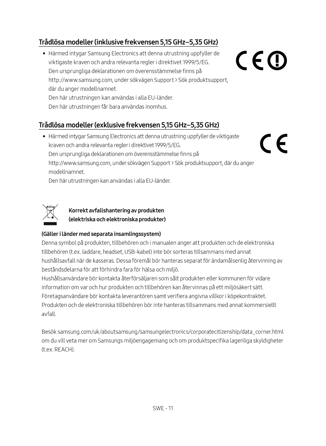 Samsung SWA-8500S/XE manual Trådlösa modeller inklusive frekvensen 5,15 GHz-5,35 GHz 