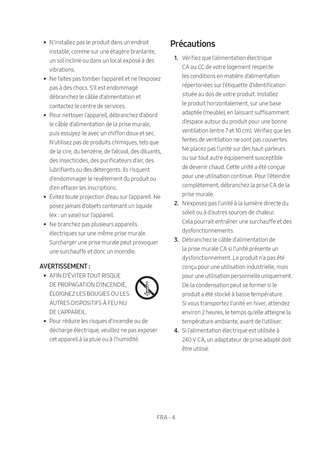 Samsung SWA-8500S/ZF manual Précautions, Avertissement 