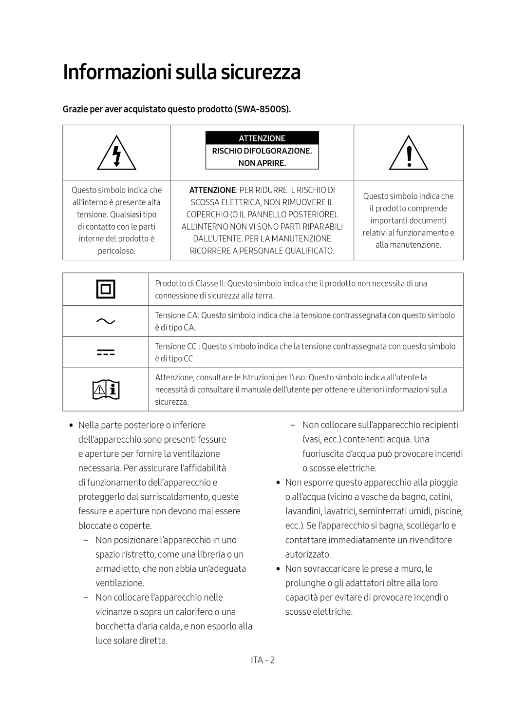 Samsung SWA-8500S/ZF manual Informazioni sulla sicurezza, Grazie per aver acquistato questo prodotto SWA-8500S 