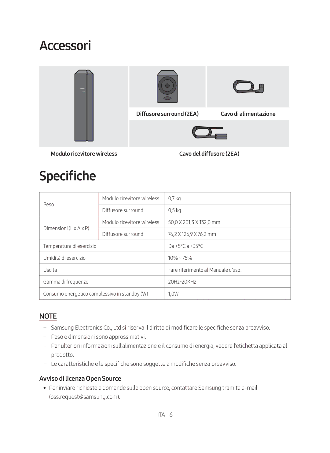 Samsung SWA-8500S/ZF manual Accessori, Specifiche, Avviso di licenza Open Source 