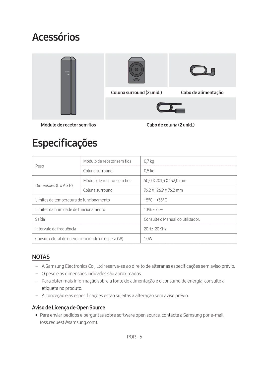 Samsung SWA-8500S/ZF manual Acessórios, Especificações, Aviso de Licença de Open Source, Cabo de coluna 2 unid 