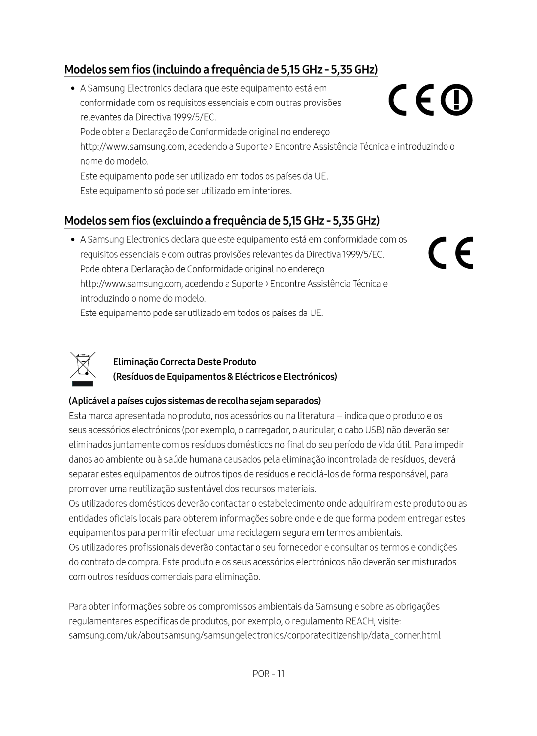 Samsung SWA-8500S/ZF manual Modelos sem fios incluindo a frequência de 5,15 GHz 5,35 GHz 