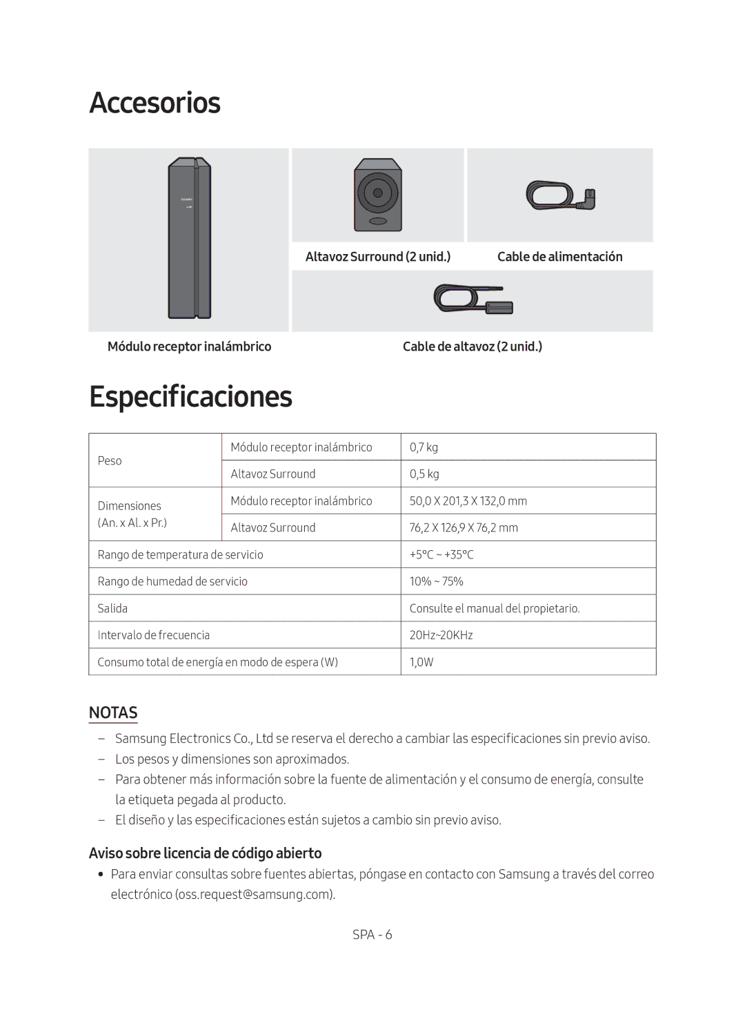 Samsung SWA-8500S/ZF manual Accesorios, Especificaciones, Aviso sobre licencia de código abierto, Cable de altavoz 2 unid 