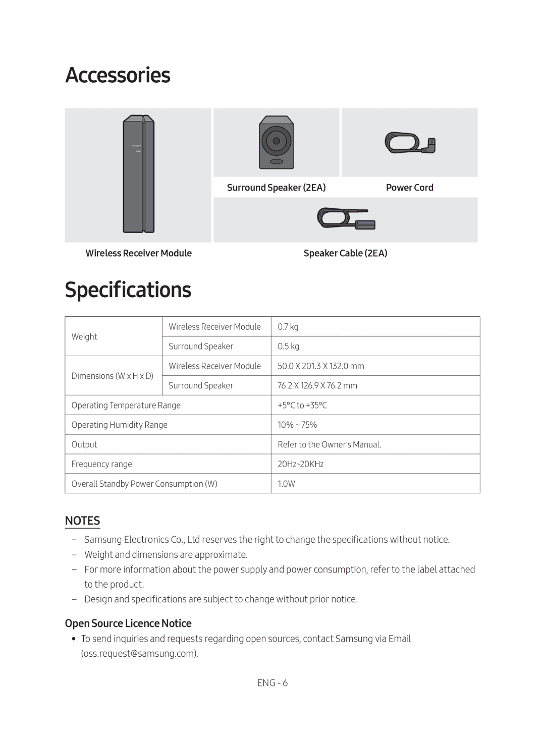 Samsung SWA-8500S/ZF manual Accessories, Specifications, Open Source Licence Notice 