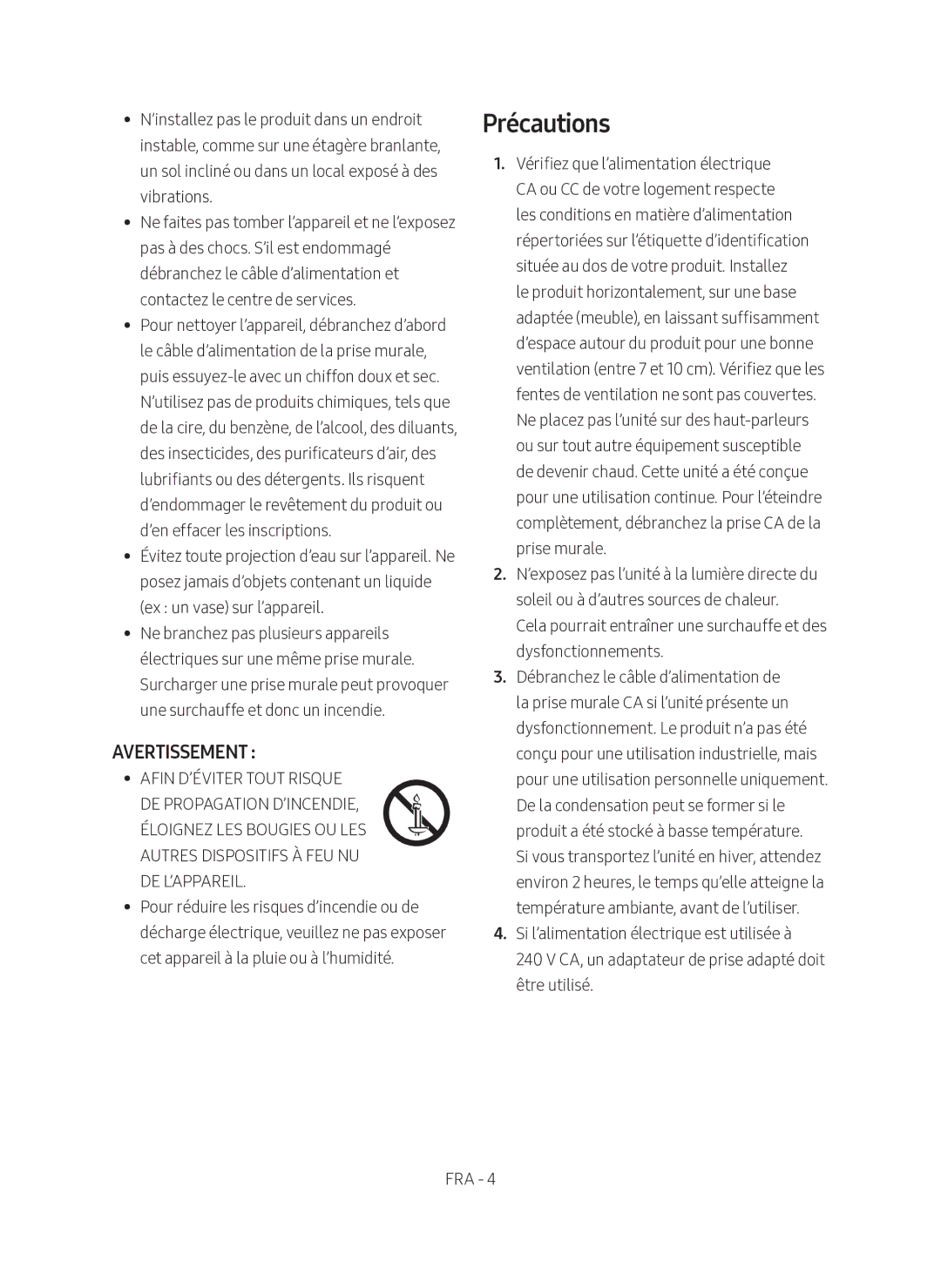 Samsung SWA-8500S/ZF manual Précautions, Avertissement 