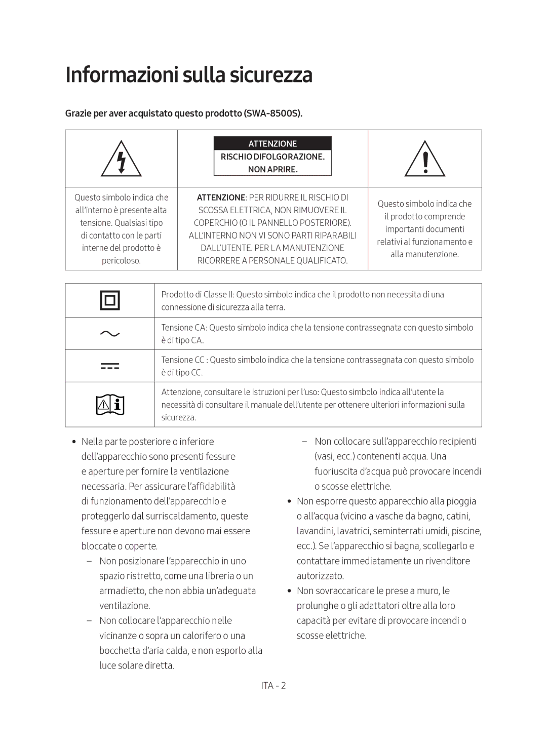 Samsung SWA-8500S/ZF manual Informazioni sulla sicurezza, Grazie per aver acquistato questo prodotto SWA-8500S 