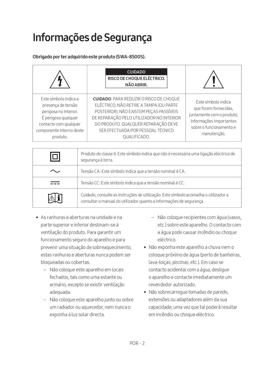 Samsung SWA-8500S/ZF manual Informações de Segurança, Obrigado por ter adquirido este produto SWA-8500S 