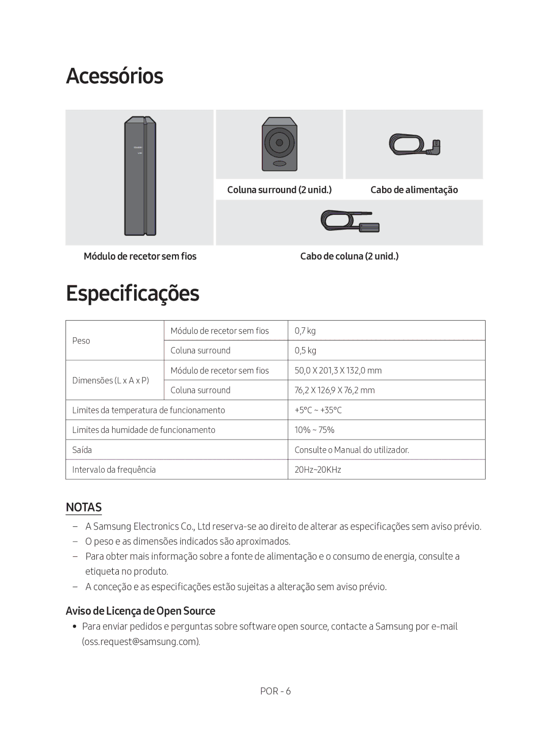 Samsung SWA-8500S/ZF manual Acessórios, Especificações, Aviso de Licença de Open Source, Cabo de coluna 2 unid 