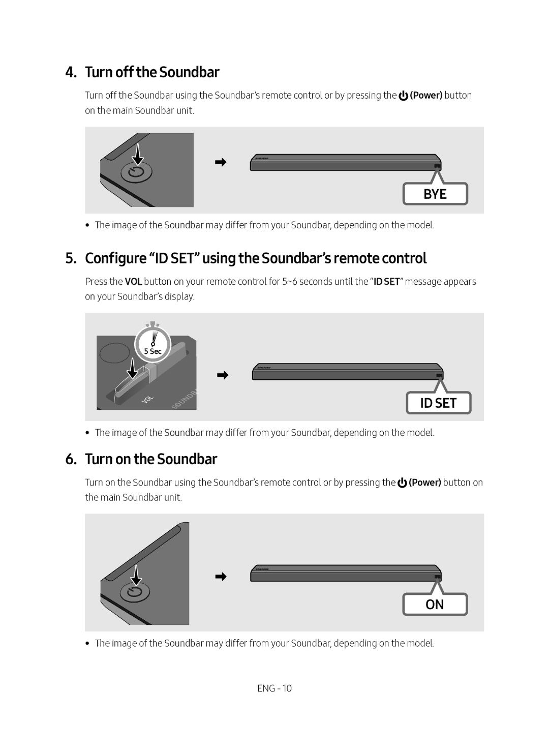 Samsung SWA-9000S/EN Turn off the Soundbar, Configure ID SET using the Soundbar’s remote control, Turn on the Soundbar 