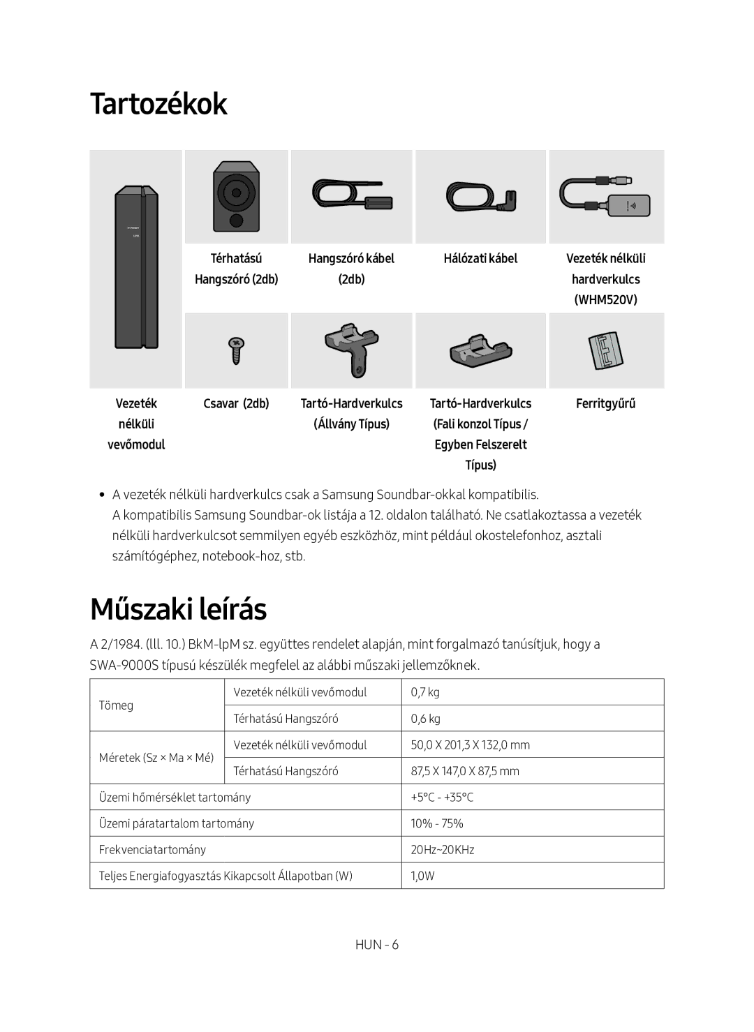 Samsung SWA-9000S/EN manual Tartozékok, Műszaki leírás 