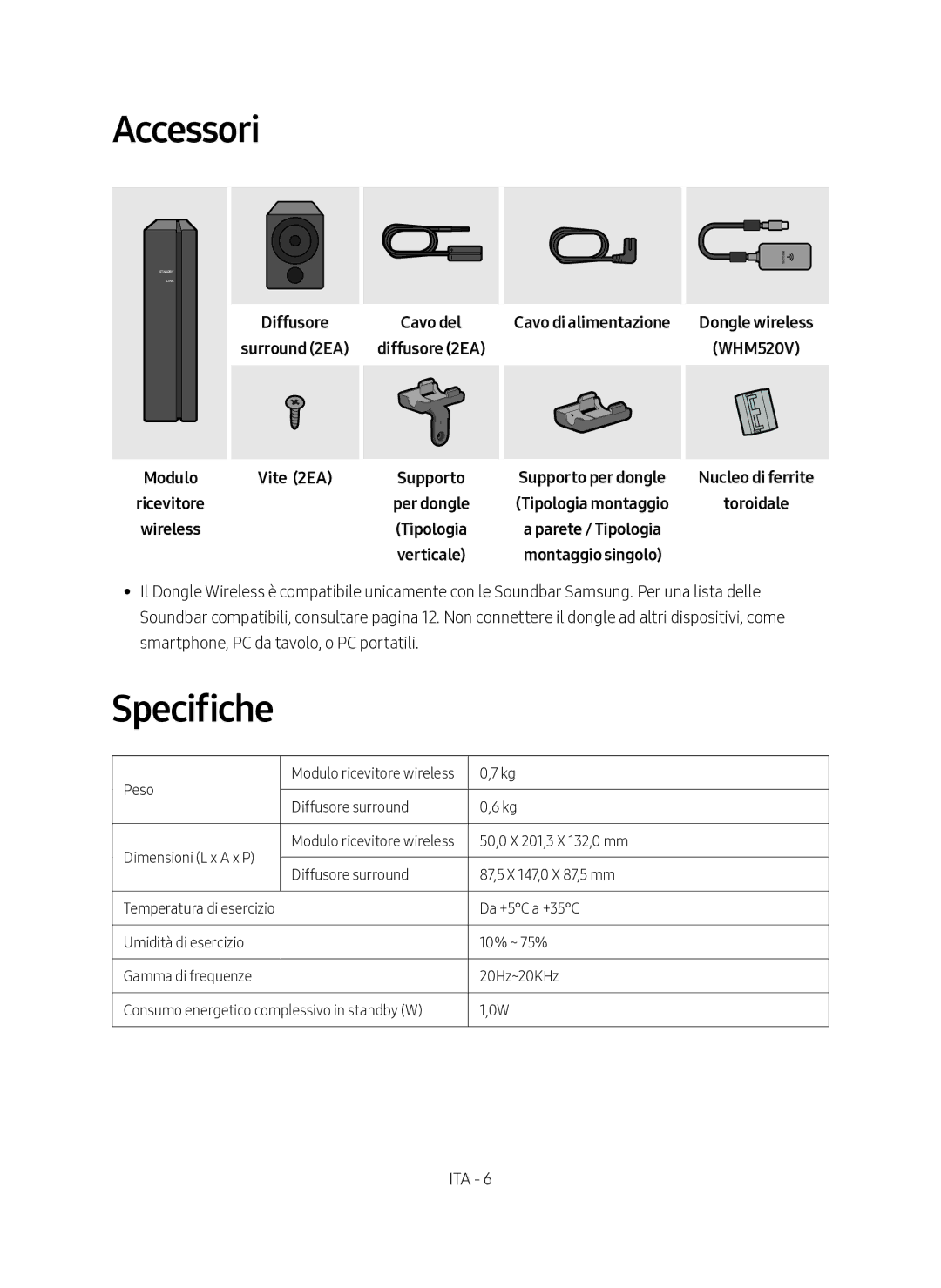 Samsung SWA-9000S/EN manual Accessori, Specifiche, Cavo di alimentazione, Modulo Ricevitore Wireless Vite 2EA 