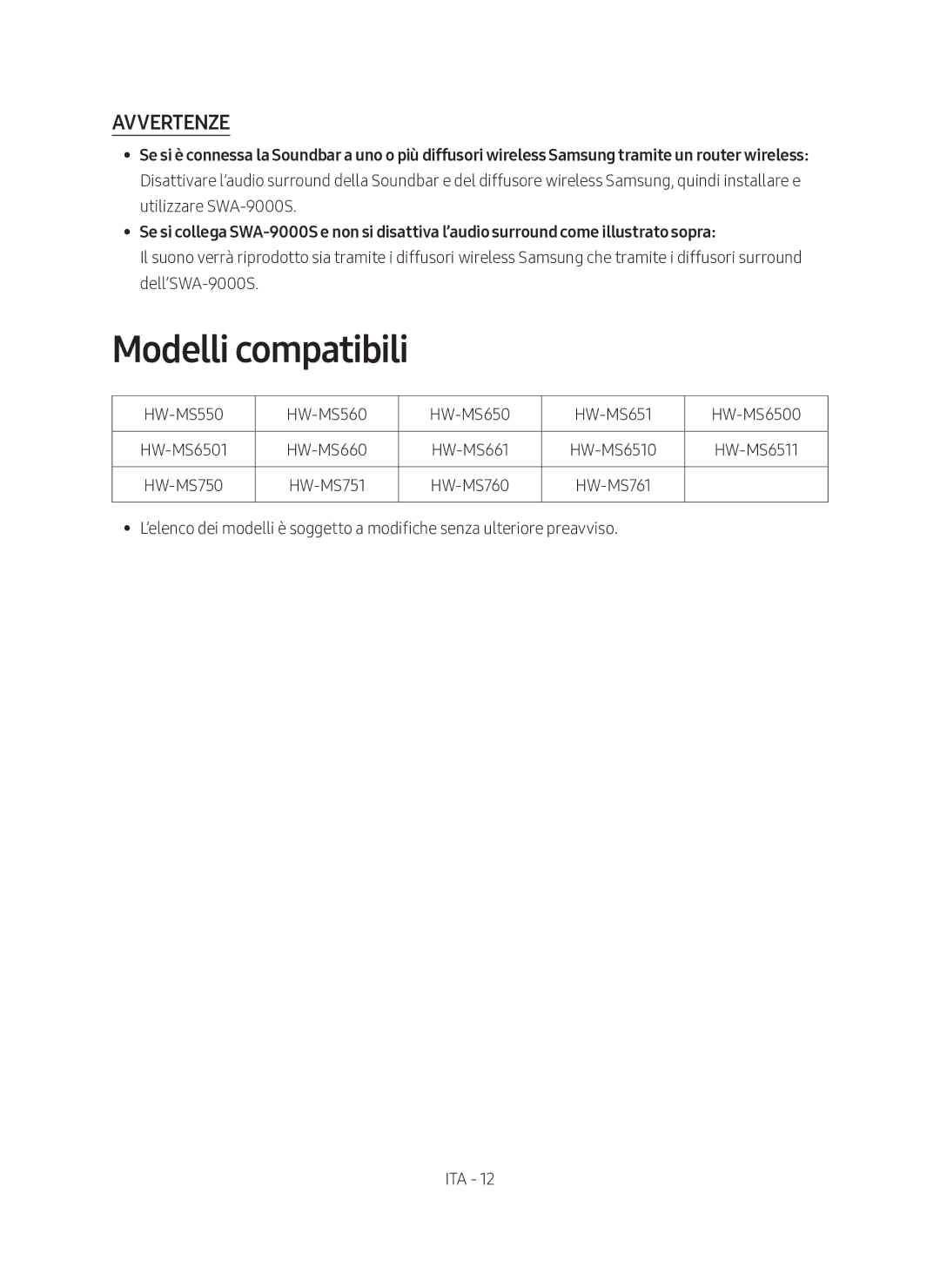 Samsung SWA-9000S/EN manual Modelli compatibili, Avvertenze 