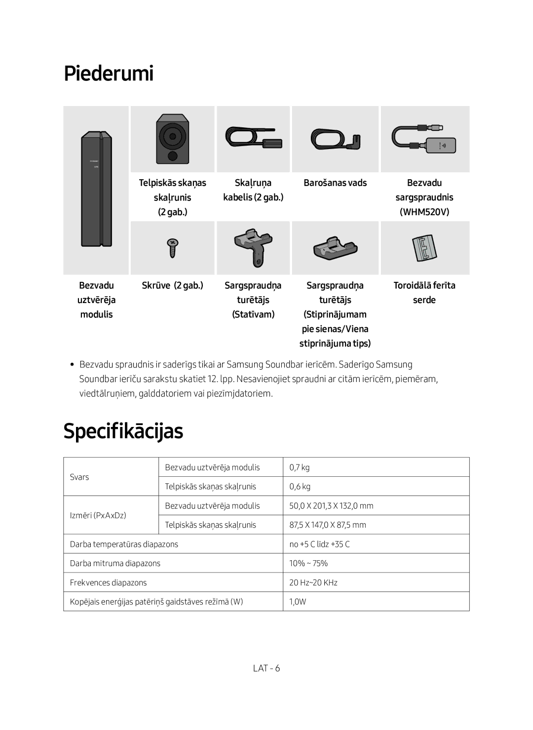 Samsung SWA-9000S/EN manual Piederumi, Specifikācijas, Barošanas vads, Skrūve 2 gab 