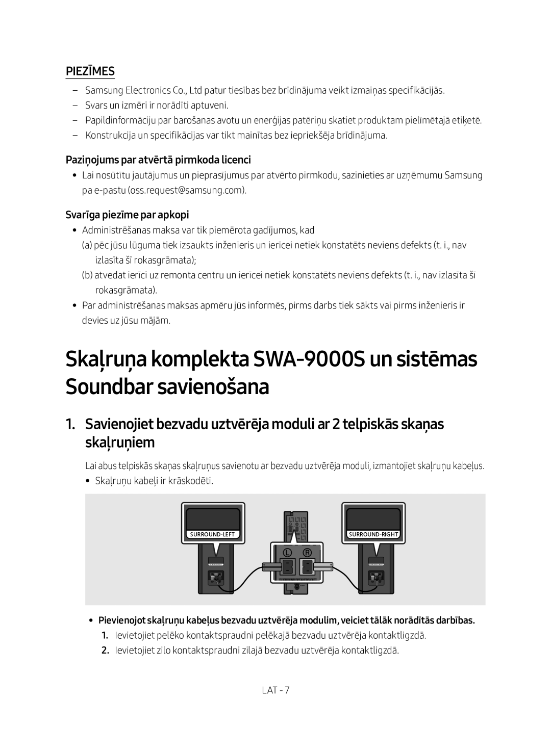 Samsung SWA-9000S/EN manual Piezīmes, Paziņojums par atvērtā pirmkoda licenci, Svarīga piezīme par apkopi 