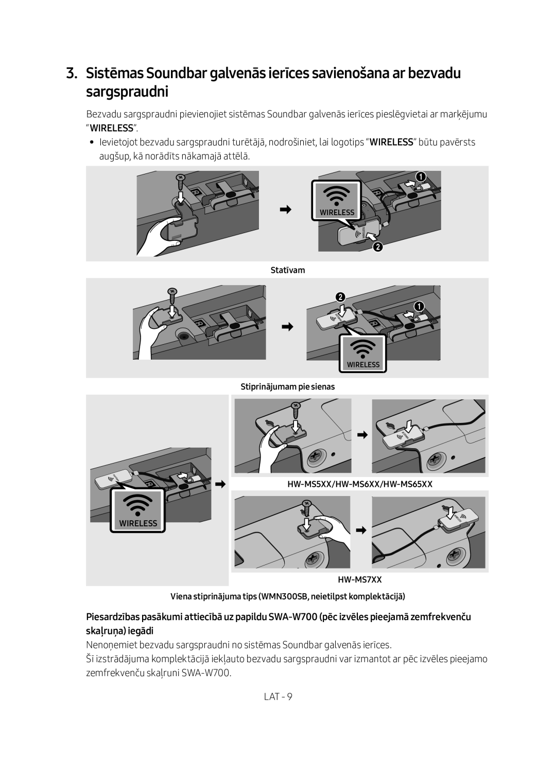 Samsung SWA-9000S/EN manual Statīvam, Stiprinājumam pie sienas, Viena stiprinājuma tips WMN300SB, neietilpst komplektācijā 