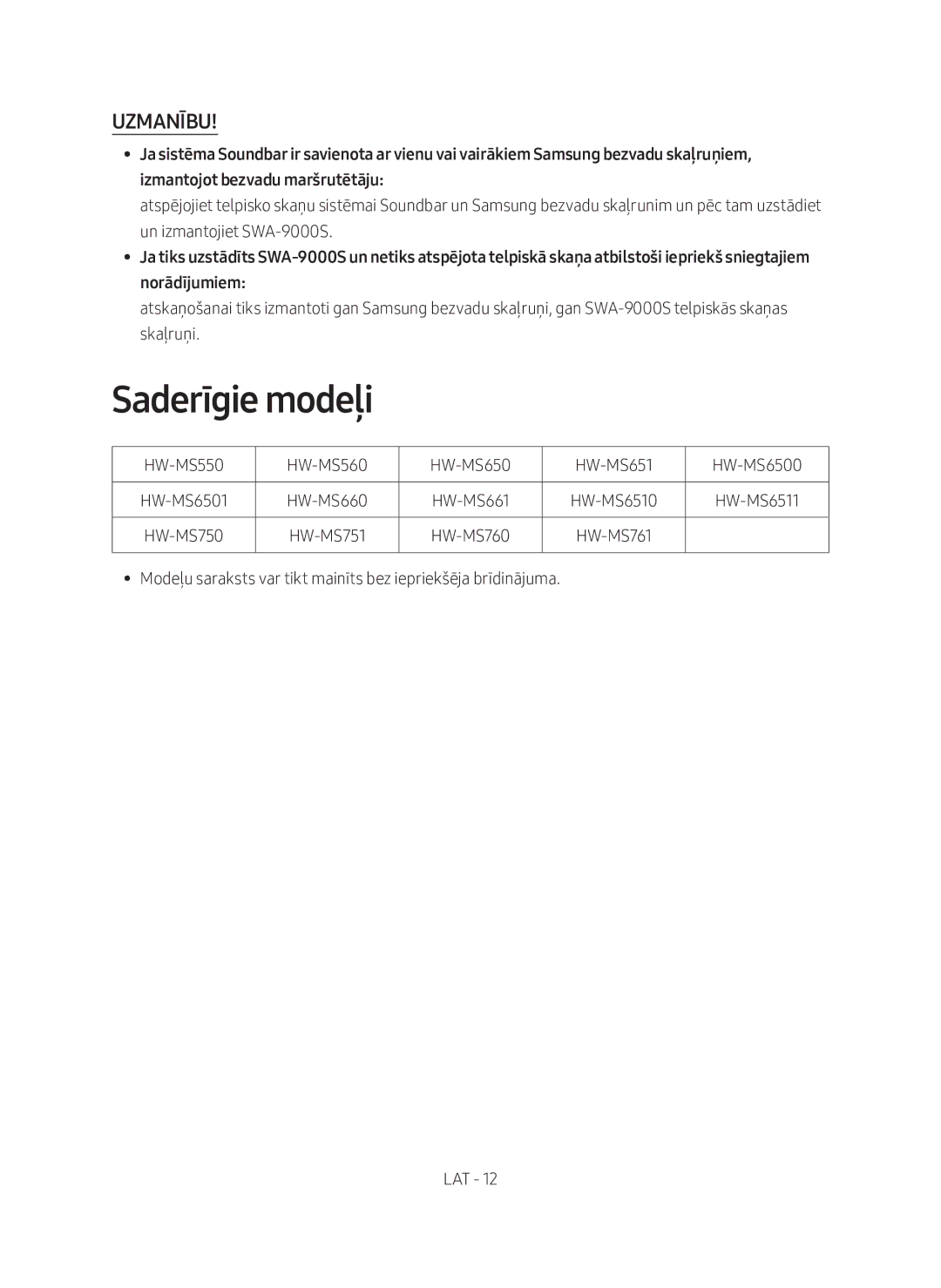 Samsung SWA-9000S/EN manual Saderīgie modeļi, Uzmanību 