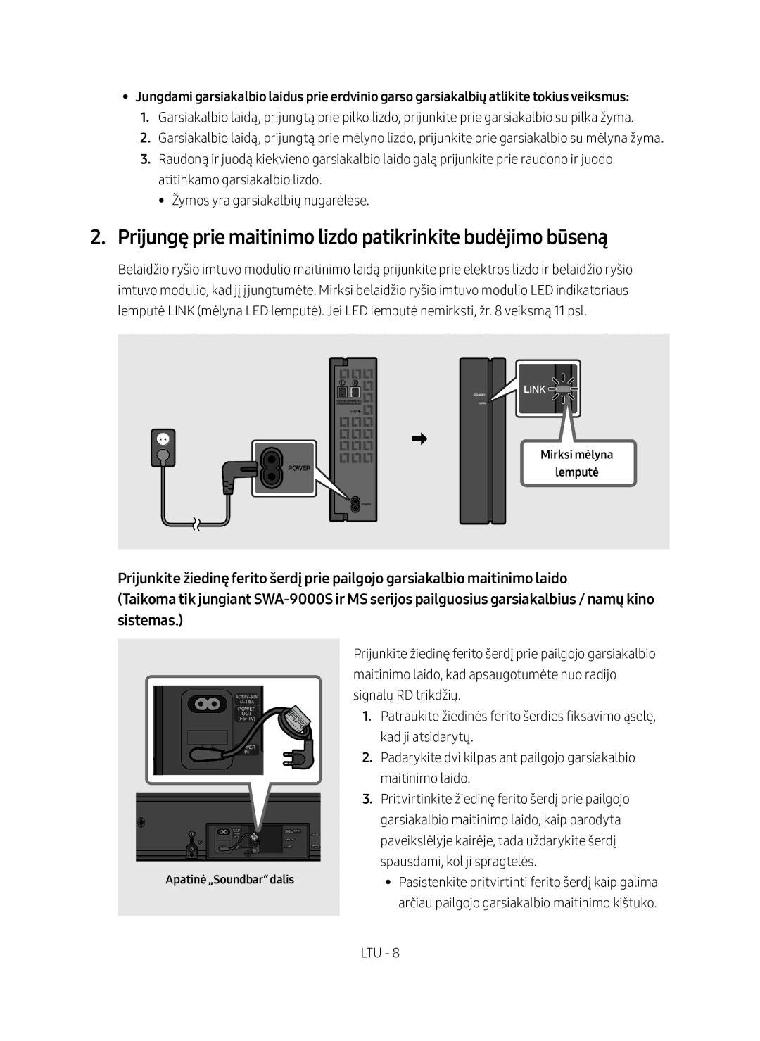 Samsung SWA-9000S/EN manual Prijungę prie maitinimo lizdo patikrinkite budėjimo būseną, Mirksi mėlyna Lemputė 