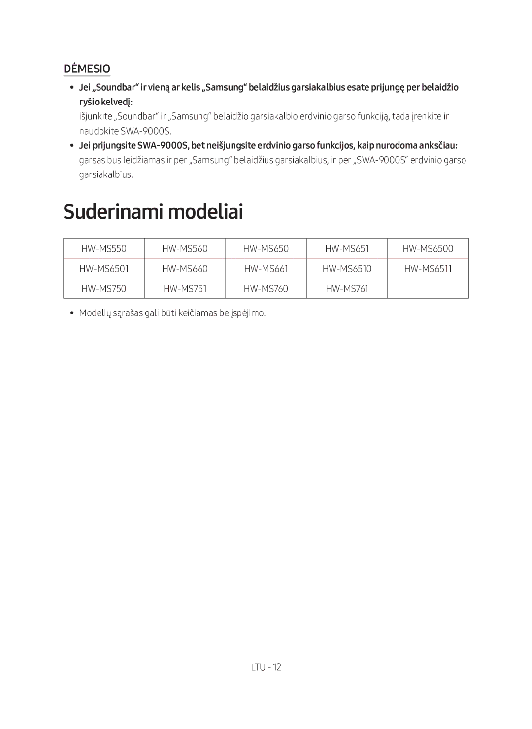 Samsung SWA-9000S/EN manual Suderinami modeliai, Dėmesio 