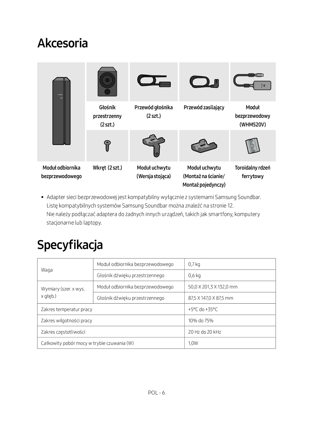 Samsung SWA-9000S/EN manual Akcesoria, Specyfikacja 