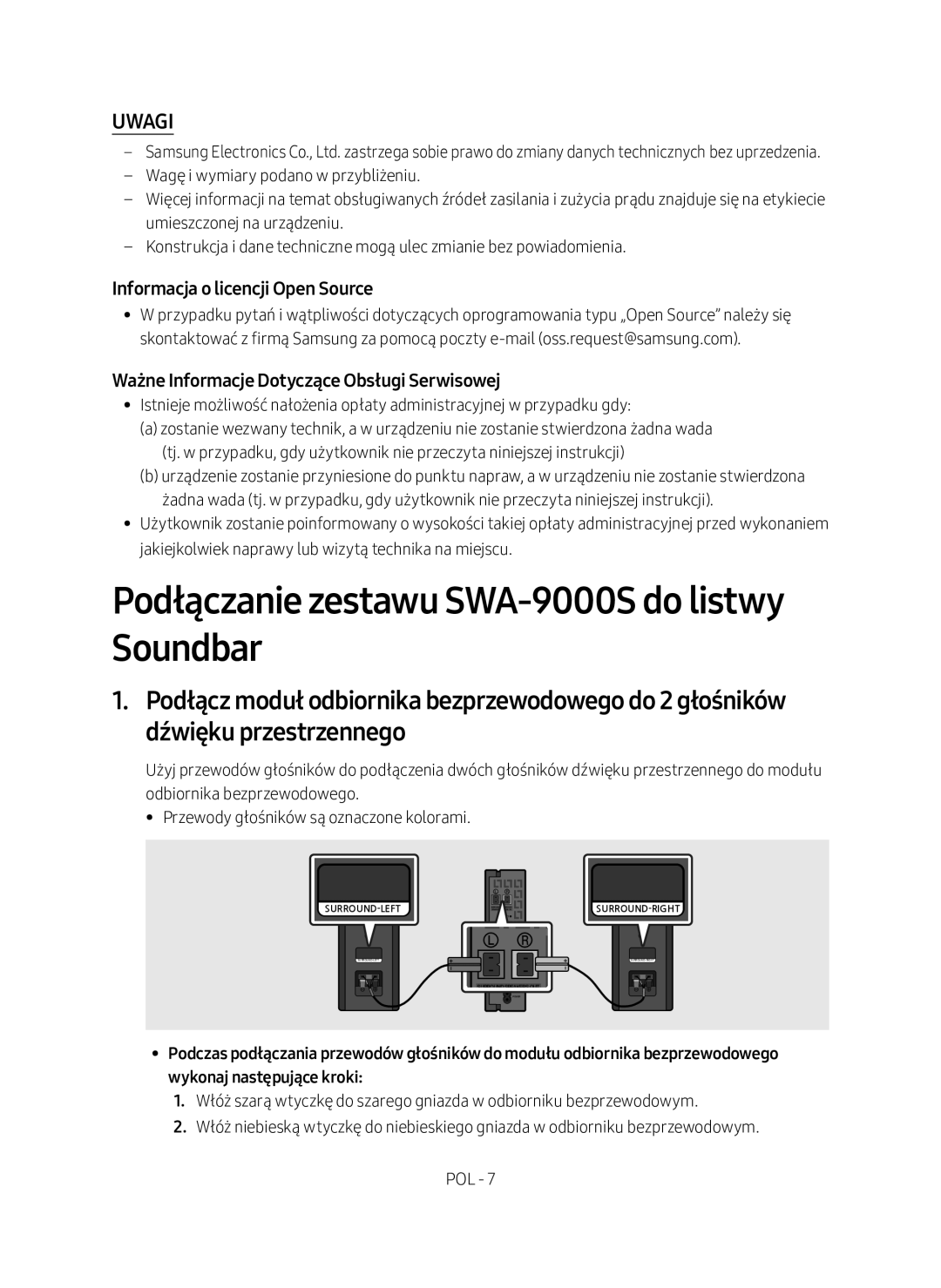 Samsung SWA-9000S/EN manual Podłączanie zestawu SWA-9000S do listwy Soundbar, Uwagi, Informacja o licencji Open Source 