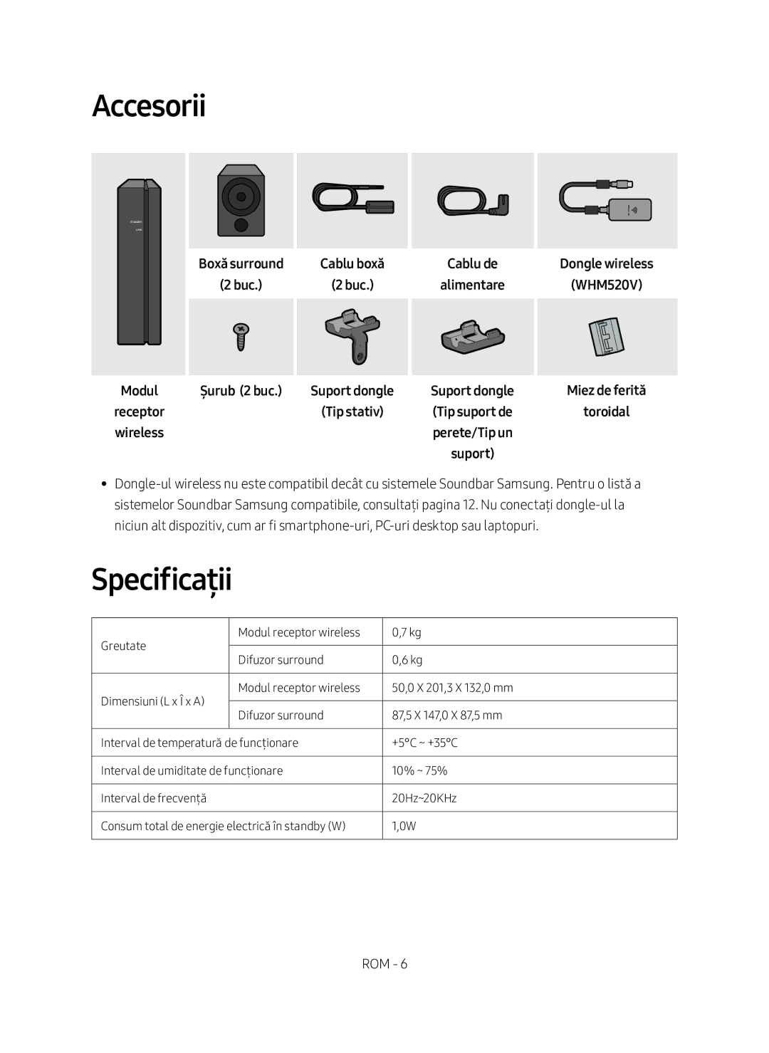 Samsung SWA-9000S/EN manual Accesorii, Specificații, Modul, Șurub 2 buc 