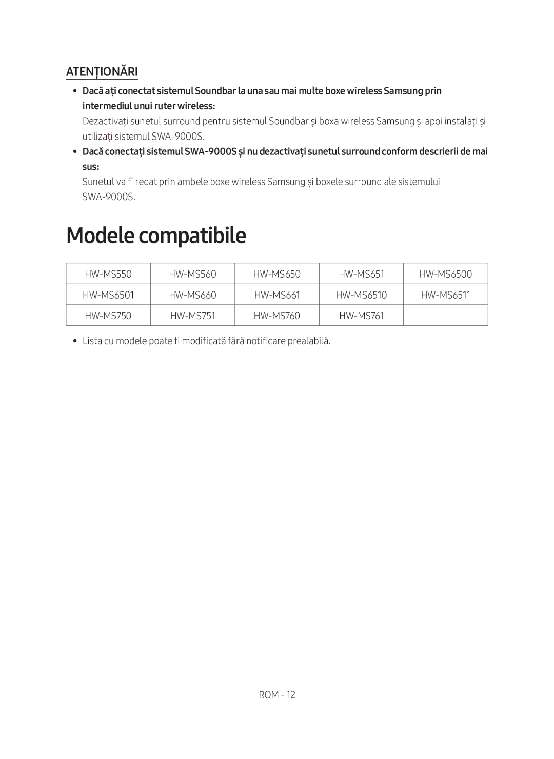 Samsung SWA-9000S/EN manual Modele compatibile, Atenționări 