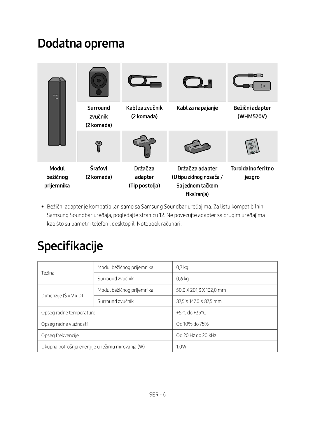 Samsung SWA-9000S/EN manual Modul Bežičnog Prijemnika, Kabl za napajanje 