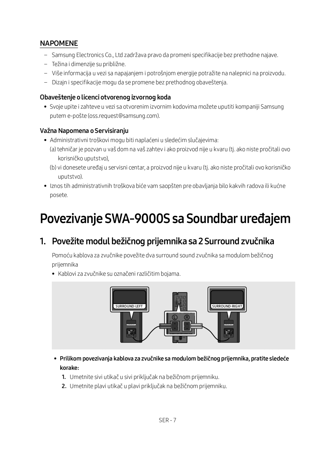 Samsung SWA-9000S/EN Povežite modul bežičnog prijemnika sa 2 Surround zvučnika, Važna Napomena o Servisiranju, Korake 