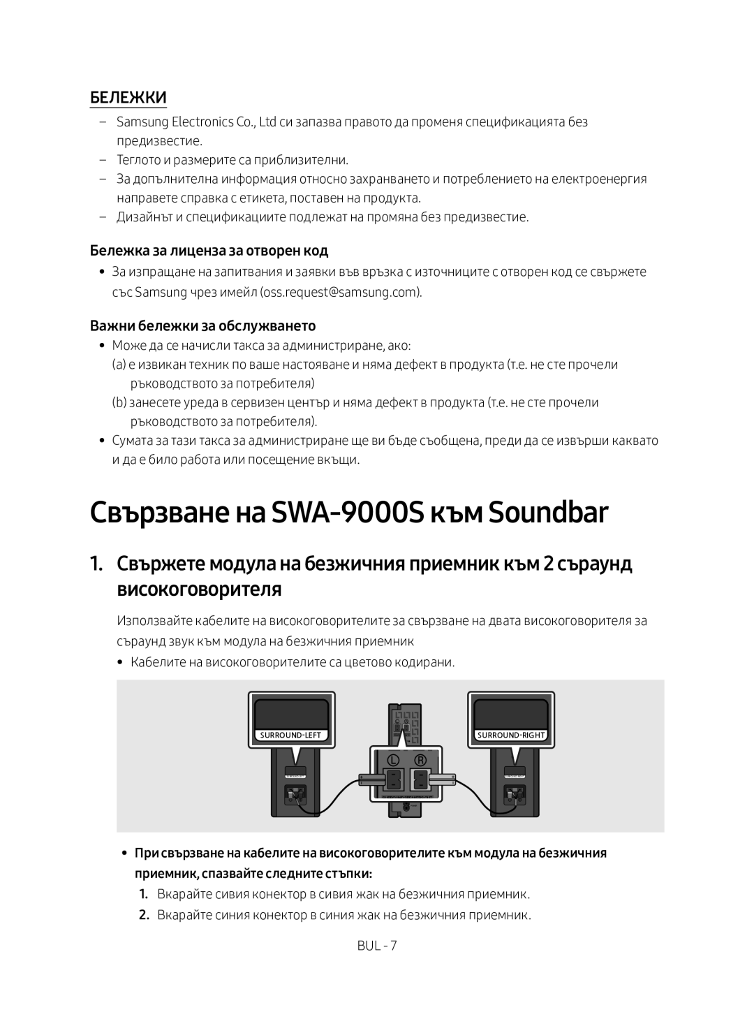 Samsung SWA-9000S/EN manual Свързване на SWA-9000S към Soundbar, Бележки, Бележка за лиценза за отворен код 