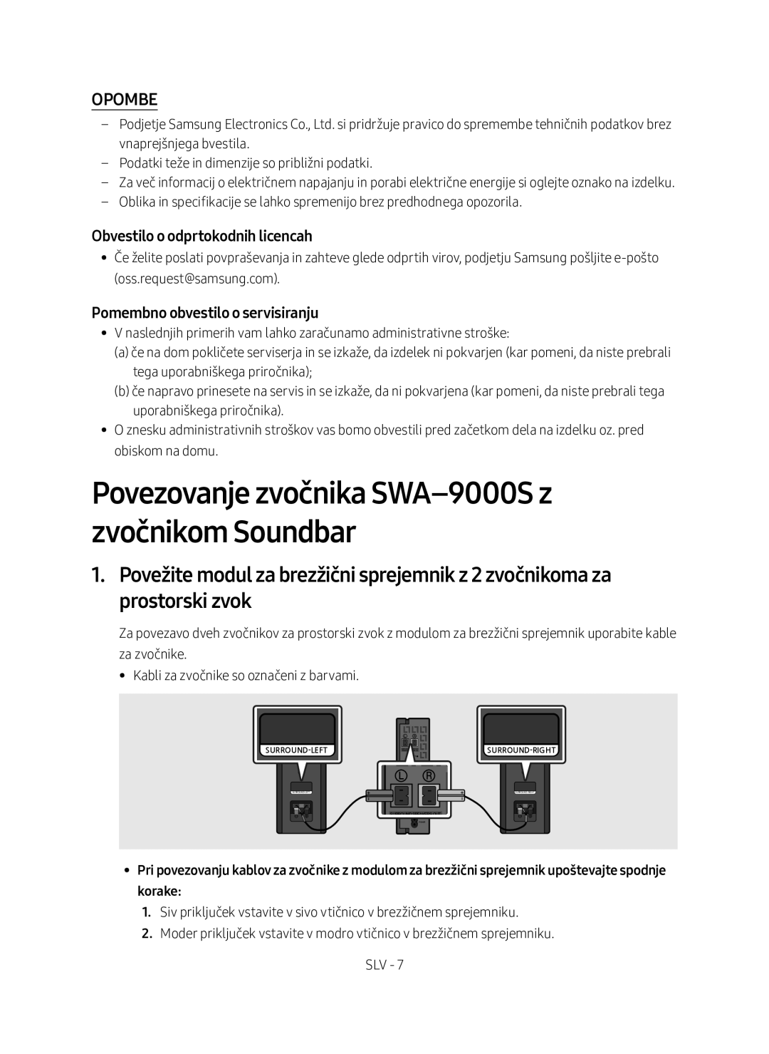 Samsung SWA-9000S/EN manual Opombe, Obvestilo o odprtokodnih licencah, Pomembno obvestilo o servisiranju 